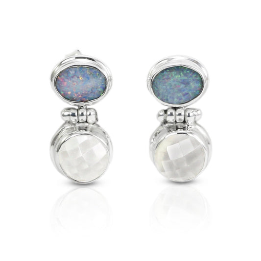 Opal Stud Earrings 925 sterling silver with Natural Crystal Clear double bezel set dangle drop