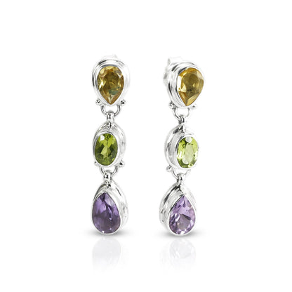 Multi color stones earrings studs dangle drop set in 925 sterling silver double bezel