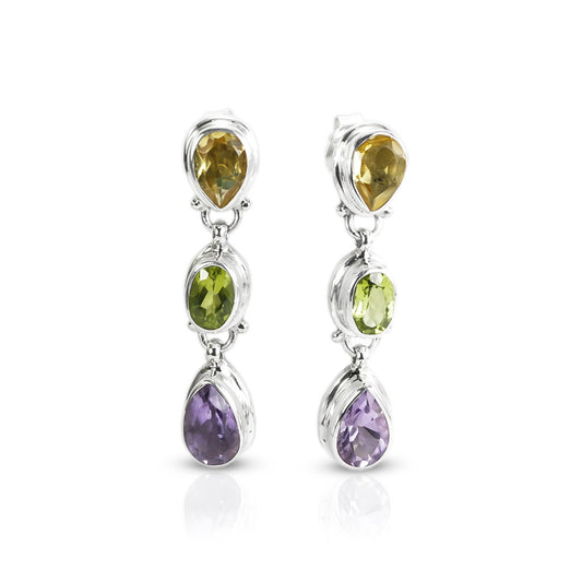 Multi color stones earrings studs dangle drop set in 925 sterling silver double bezel