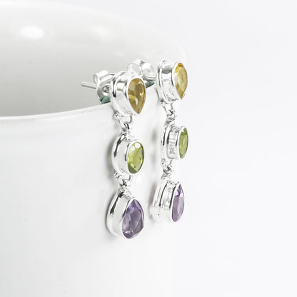 Multi color stones earrings studs dangle drop set in 925 sterling silver double bezel