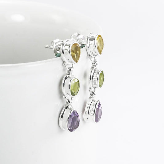 Multi color stones earrings studs dangle drop set in 925 sterling silver double bezel