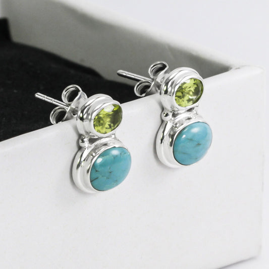 turquoise stud earrings set in double bezel 925 sterling silver with green peridot