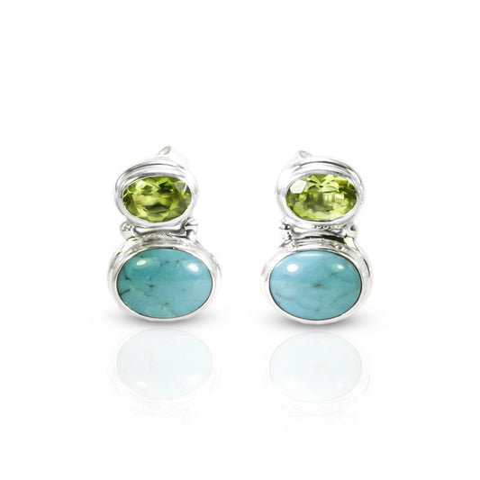 turquoise stud earrings set in double bezel 925 sterling silver with green peridot