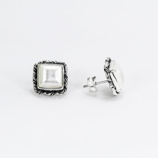 Square mabe pearl studs earrings set in 925 sterling silver,
