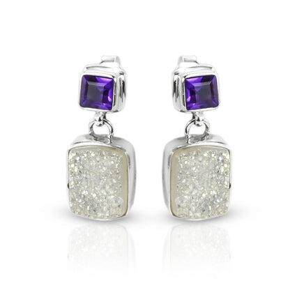 Druzy Earrings stud dangle set in 925 sterling silver with natural amethyst, two stone earrings studs