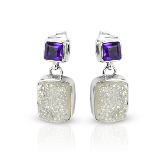 Druzy Earrings stud dangle set in 925 sterling silver with natural amethyst, two stone earrings studs