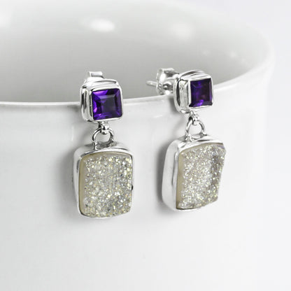 Druzy Earrings stud dangle set in 925 sterling silver with natural amethyst, two stone earrings studs