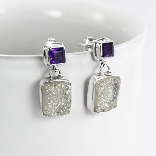 Druzy Earrings stud dangle set in 925 sterling silver with natural amethyst, two stone earrings studs