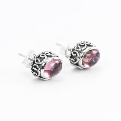 Natural Pink Tourmaline 7*9 mm stud earrings set in 925 sterling silver decorated with cable filigree art