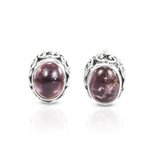 Natural Pink Tourmaline 7*9 mm stud earrings set in 925 sterling silver decorated with cable filigree art