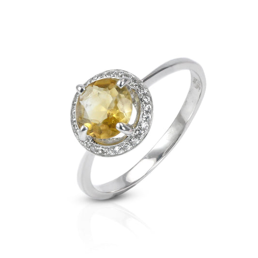 solitaire ring 925 sterling silver with genuine yellow citrine decorated with white crystal