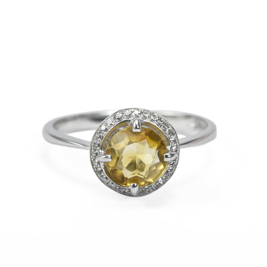 solitaire ring 925 sterling silver with genuine yellow citrine decorated with white crystal