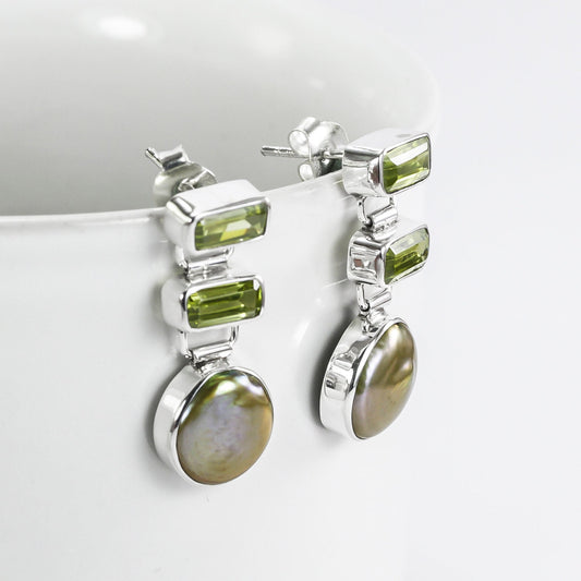 Peridot studs earrings set in 925 sterling silver with genuine green biwa, baroque pearl earrings