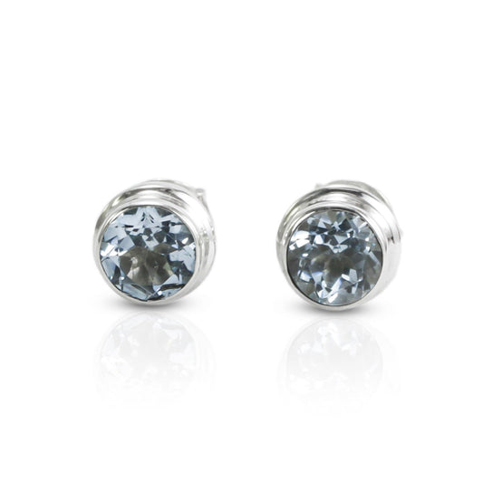 Blue Topaz Earrings Studs for women 6 mm Octagon shape bezel set in 925 stud earrings