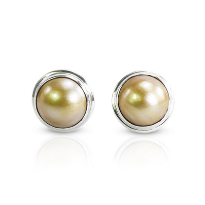 Golden Mabe Pearl stud earrings 925 sterling silver 10 mm Round  double bezel set