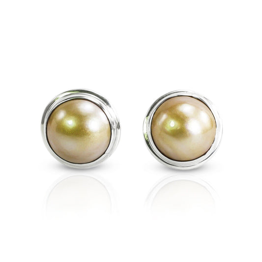 Golden Mabe Pearl stud earrings 925 sterling silver 10 mm Round  double bezel set