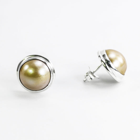 Golden Mabe Pearl stud earrings 925 sterling silver 10 mm Round  double bezel set