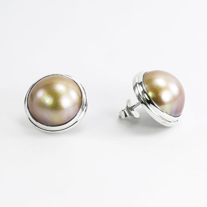 Gold Mabe Pearl stud earrings 925 sterling silver 15 mm Round double bezel set