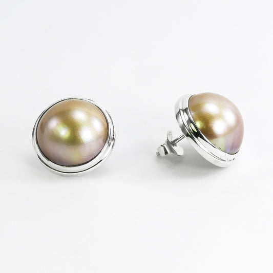 Gold Mabe Pearl stud earrings 925 sterling silver 15 mm Round double bezel set