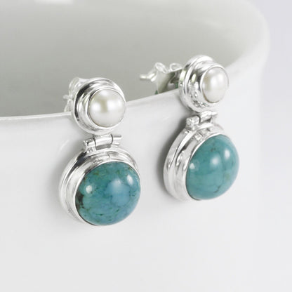 Turquoise earrings stud with fresh water pearl set in 925 sterling silver, multi stone studs earrings dangle