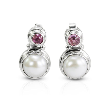 cultured pearl earrings stud fresh water set in 925 sterling silver combine with pink tourmaline