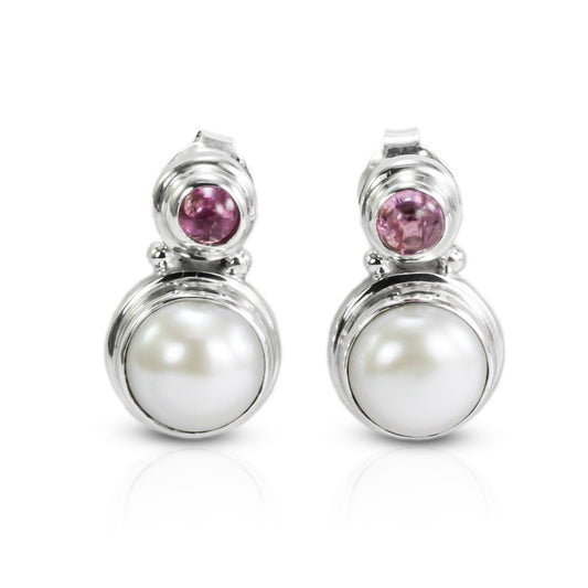 cultured pearl earrings stud fresh water set in 925 sterling silver combine with pink tourmaline