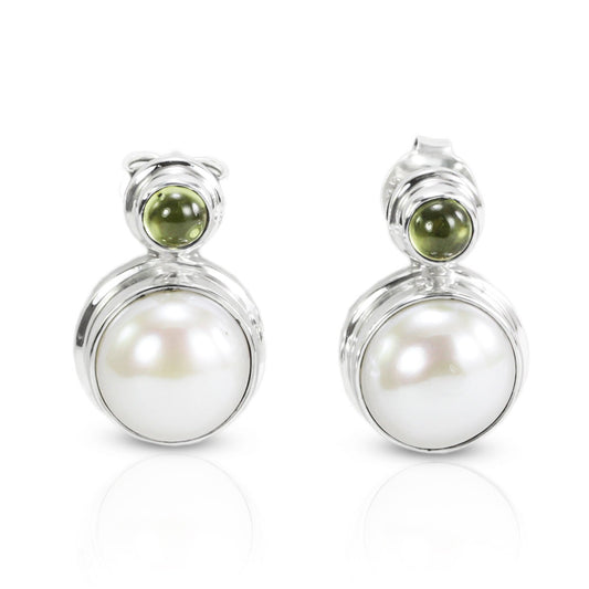 Cultured Pearl earrings studs in sterling silver bezel set with natural green Peridot push back closure