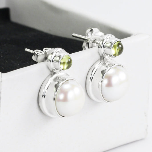 Cultured Pearl earrings studs in sterling silver bezel set with natural green Peridot push back closure
