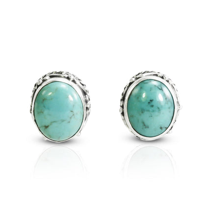 oval Turquoise earrings stud 925 sterling silver oval shape 9*11 mm  decorated with filigree ornament art