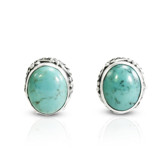 oval Turquoise earrings stud 925 sterling silver oval shape 9*11 mm  decorated with filigree ornament art