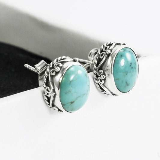 oval Turquoise earrings stud 925 sterling silver oval shape 9*11 mm  decorated with filigree ornament art