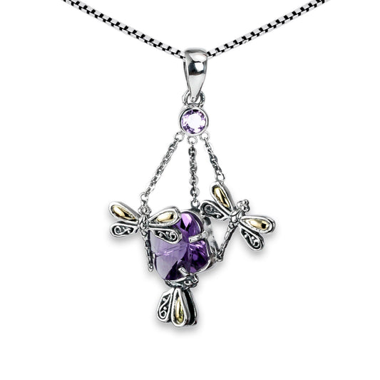 Amethyst pendant necklace 925 sterling silver decorated with two tone dragonfly