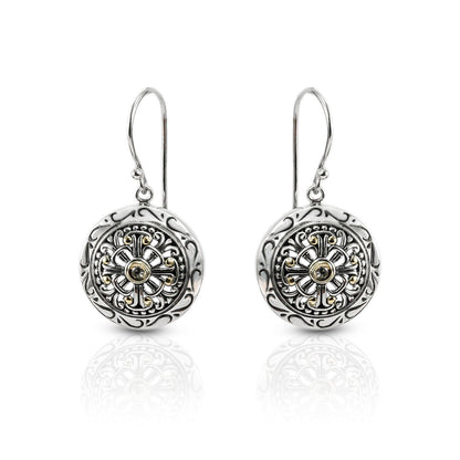 Round earrings 925 sterling silver decorated with filigree ornament and 18 K yellow gold