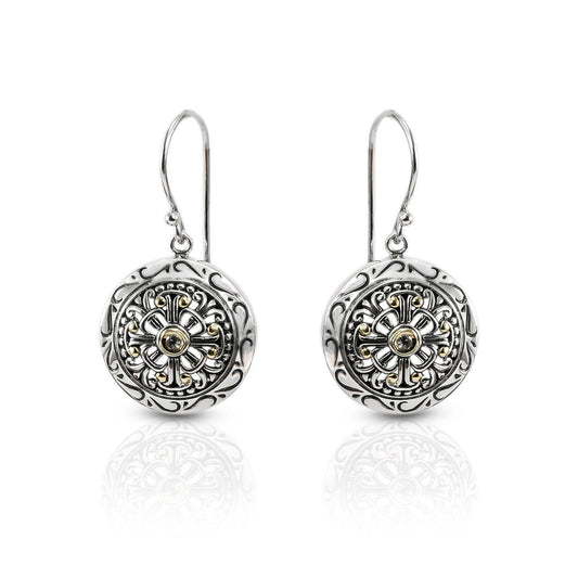 Round earrings 925 sterling silver decorated with filigree ornament and 18 K yellow gold