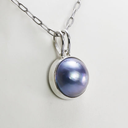 blue mabe pearl pendant necklace 925 sterling silver bezel set