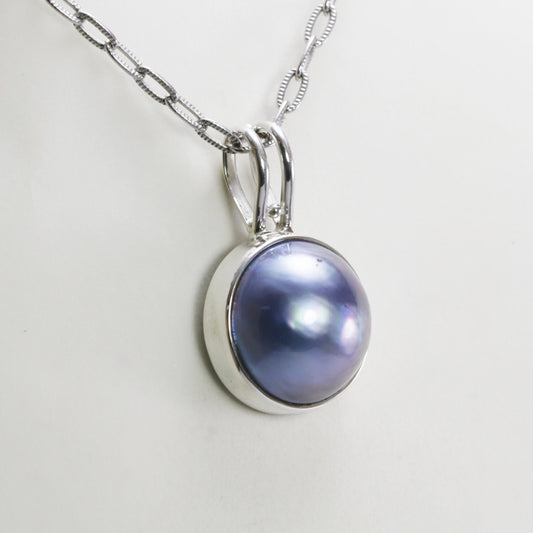 blue mabe pearl pendant necklace 925 sterling silver bezel set