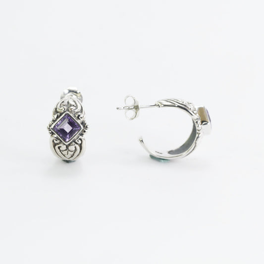 Hoops earrings 925 sterling silver with genuine amethyst