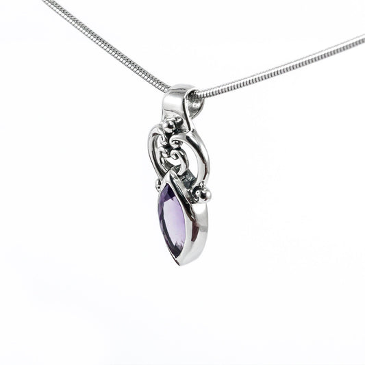 Amethyst Pendant Necklace marquise shape bezel set 925 sterling silver,