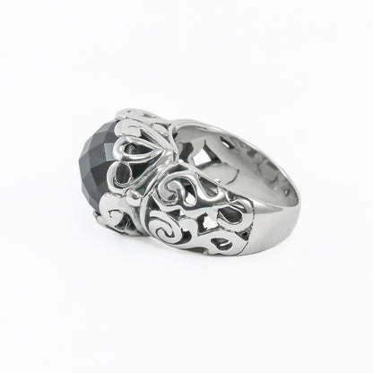 Black onyx ring set in 925 sterling silver decorated with filigree ornament