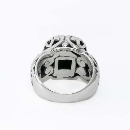 Black onyx ring set in 925 sterling silver decorated with filigree ornament