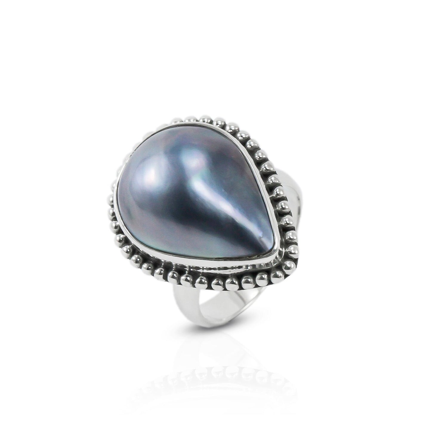 blue mabe pearl ring teardrop shape set in 925 sterling silver,