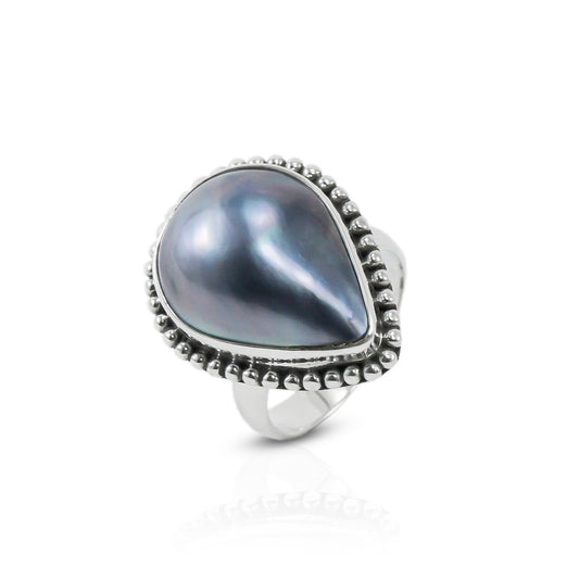 blue mabe pearl ring teardrop shape set in 925 sterling silver,