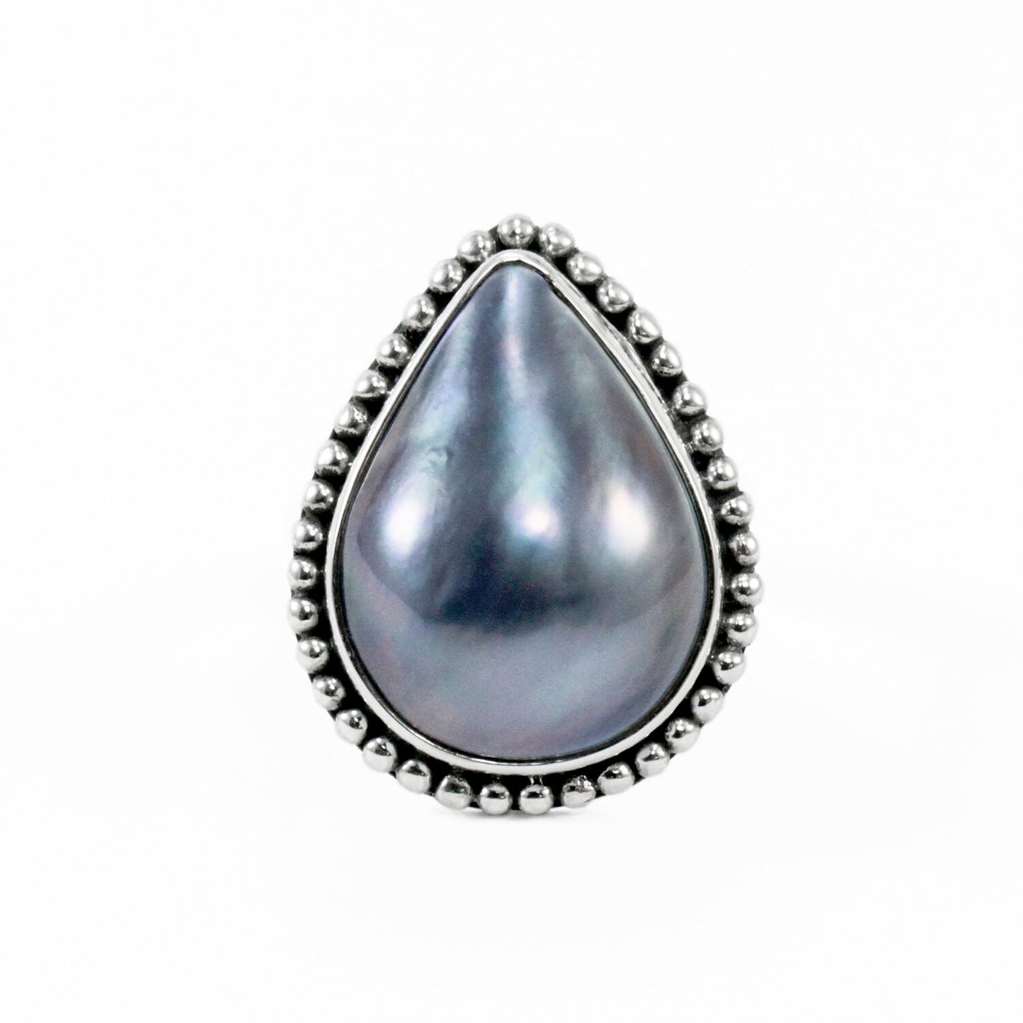 blue mabe pearl ring teardrop shape set in 925 sterling silver,