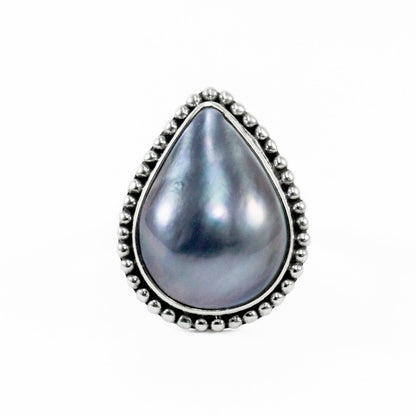 blue mabe pearl ring teardrop shape set in 925 sterling silver,