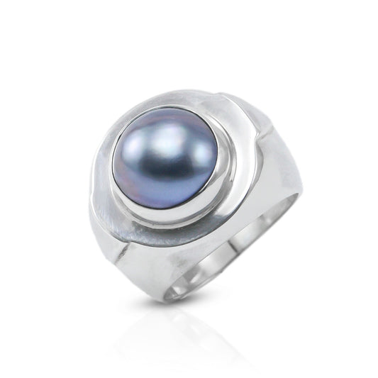 blue mabe pearl ring set in 925 sterling silver, doom wide band ring