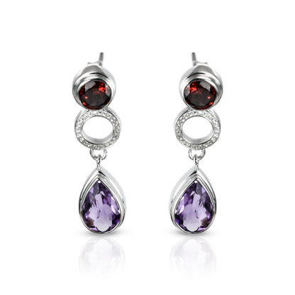 amethyst stud earrings 925 with genuine red garnet and micro setting crystal