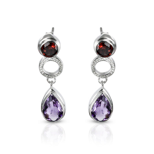 amethyst stud earrings 925 with genuine red garnet and micro setting crystal