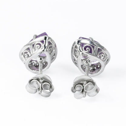 Teardrop Amethyst Earrings Studs 6*9 mm bezel set in 925 stud earrings push back closure with genuine white crystal