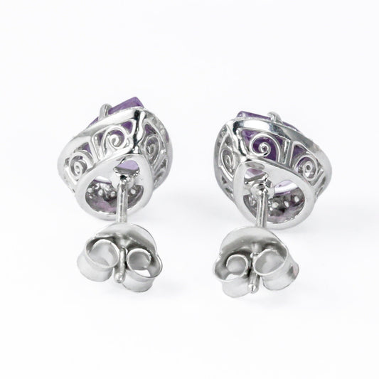 Teardrop Amethyst Earrings Studs 6*9 mm bezel set in 925 stud earrings push back closure with genuine white crystal