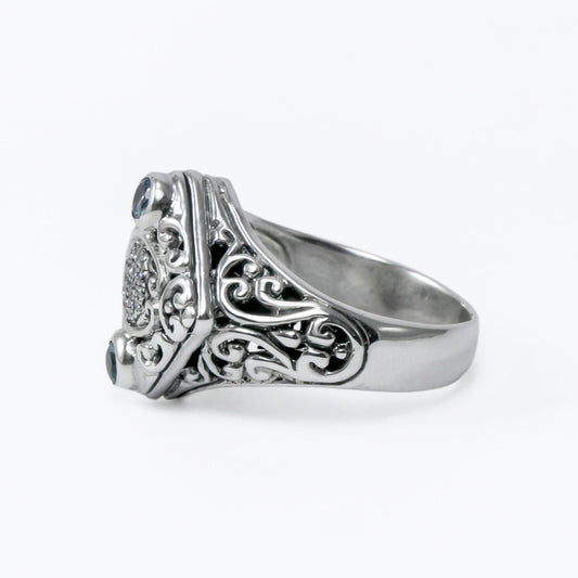 square ring 925 sterling silver with genuine blue topaz decorated with filigree ornament and white topaz